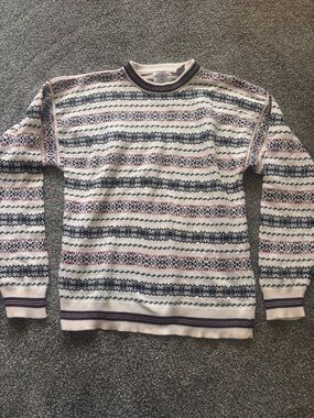 Classic Cream Crewneck Sweater with Navy & Pink Pattern